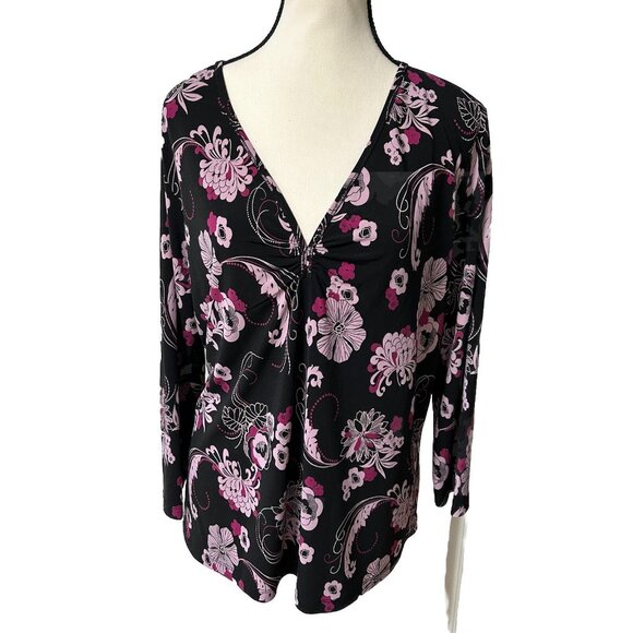 Apostrophe Women’s Size 16-18W Floral Blouse Black Pink Liquid Knit B44 - Picture 1 of 8